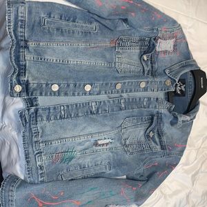 Men’s jean jacket dark blue with splatter paint (pink dark green orange